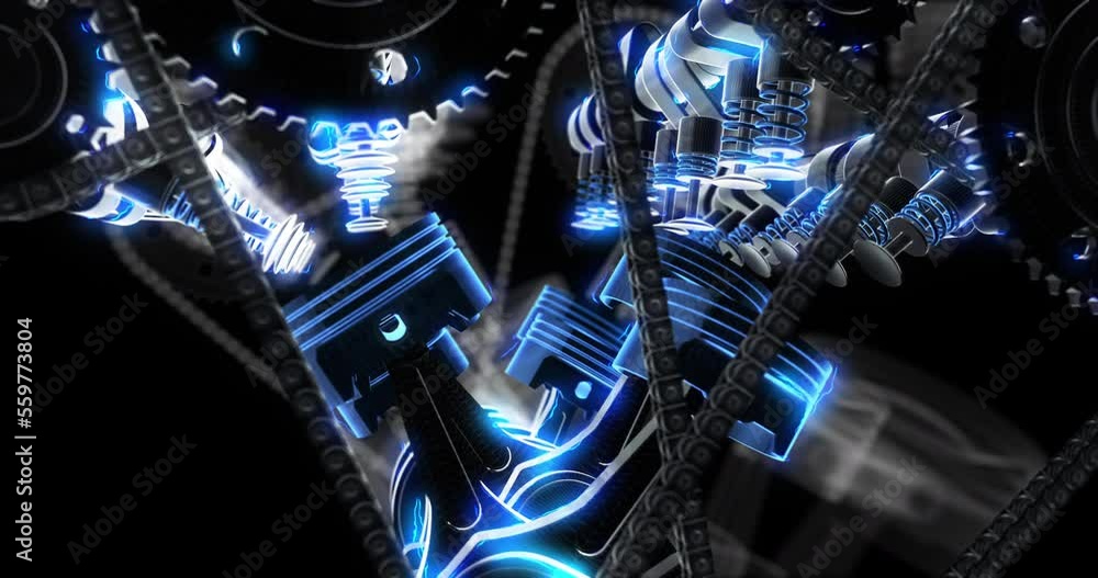 Poster Beautiful V8 engine working and generating power with valves, pistons and crankshaft. Perfect loop.