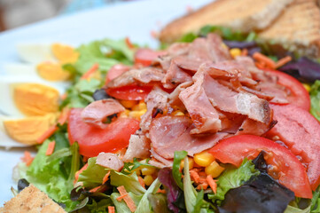 Fototapeta na wymiar Salad with fresh vegetables and bacon.