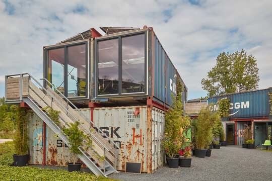 Tiny offices made of used steel cargo containers in Almere, The Netherlands on April 21, 2022