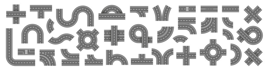 City road and highway top view. Street and road with footpaths and crossroads. Highway top view. Circle and curve roadway parts. Track asphalt junction. Automobile traffic. Vector illustration - obrazy, fototapety, plakaty