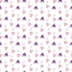 Winter hat and cup pattern. Seamless pattern with cute winter hat and cup. Cartoon color vector illustration.