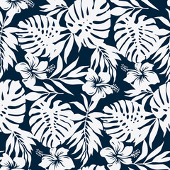 Hibiscus flowers tropical palm monstera leaves wallpaper Hawaiian style vector floral seamless pattern - obrazy, fototapety, plakaty