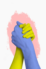 Vertical collage picture of two arms hold handshake blue yellow ukrainian flag colors isolated on creative background