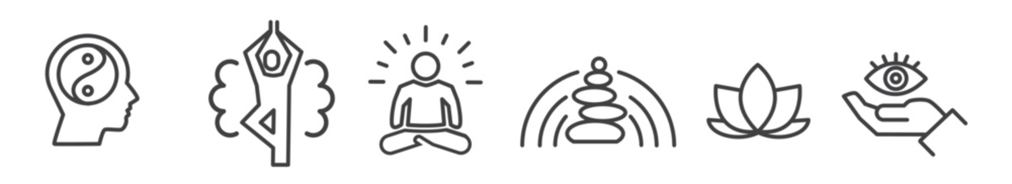 Meditation Practice, Mindfulness and Yoga icons set - thin line icon collection on white background - vector illustration