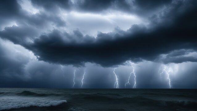 Massive lightning over the ocean with dark big storm clouds. © Muffin
