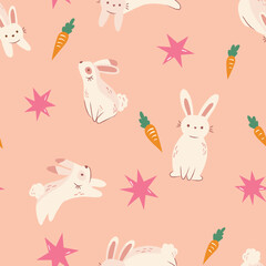 Cute vector seamless pattern with rabbits and carrot elements. Cartoon beautiful background.