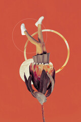 Creative photo 3d collage artwork poster postcard of weird person showing foot hiding inside big...