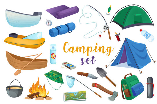Camping 3d realistic set. Bundle of boat, mat, rod, tent, fishing, pot, bonfire, map, panama, knife, shovel, axe, backpack, thermos, matches and other isolated hiking elements.