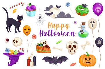 Happy Halloween 3d realistic set. Bundle of black cat, candies, cupcakes, bat, spider, balloons, poison, skulls, bones, witch hat, candles, pumpkin and other isolated elements.