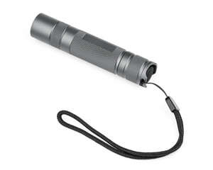 Modern aluminum LED Pocket Flashlight isolated on white background. 