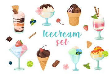 Ice cream 3d realistic set. Bundle of different tasty summer frozen desserts with berries, topping, vanilla, chocolate, in waffle cones or glass bowls and other isolated elements.