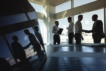 Silhouettes of people standing near a panoramic window in a modern office. Team of young...