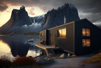 Poster illustration concept of sustainability and recycle , container box remake as restaurant, office or house or hotel, landscape of Reine Norway as background   © QuietWord