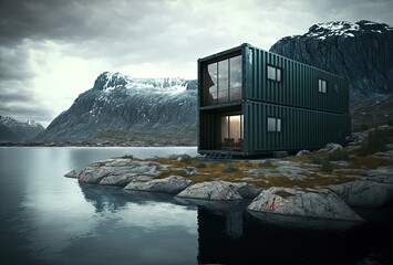 Fototapeta premium illustration concept of sustainability and recycle , container box remake as restaurant, office or house or hotel, landscape of Reine Norway as background 