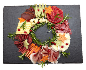 Appetizers boards with assorted cheese, meat, grape and nuts. Charcuterie and cheese platter. Top view on transparent background. Christmas wreath