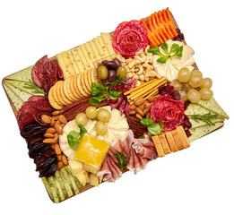 Appetizers boards with assorted cheese, meat, grape and nuts. Charcuterie and cheese platter. Top view on transparent background
