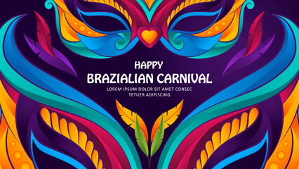 Brazilian carnival party banner, colorful mask and feather illustration with blue and purple background  