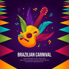 Brazilian carnival purple background with colorful guitar and feather illustration 