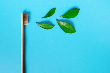 Ecological wooden toothbrush and fresh green leaves on a blue background. The concept of dental care and the use of environmentally friendly materials to create a brush. Free space for text