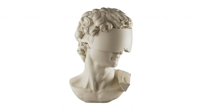 3D Rotating David Head In VR Glasses. Michelangelo's David Sculpture. NFT Cryptoart Concept.  4K