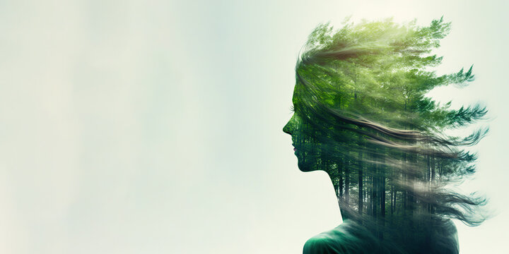 Concept of green business devotion, environment caring, business sustainability and global warming protection shown by businessman and green forest trees double exposure image. Generative AI.