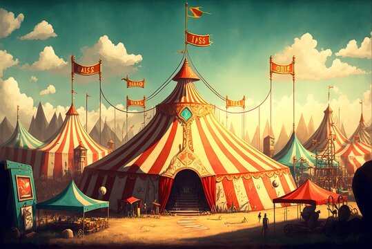 a field containing a variety of carnival attractions and a tent. Generative AI