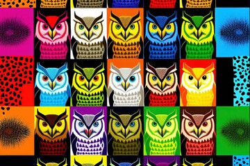 A repeating pattern of colourful owls - AI generative art