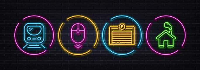 Metro, Parking garage and Scroll down minimal line icons. Neon laser 3d lights. Home icons. For web, application, printing. Transit journey, Automatic door, Mouse swipe. House building. Vector