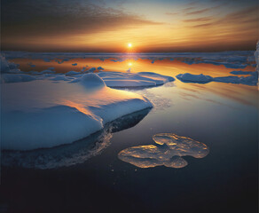Ice melting, global warming concept. Ice pieces floating on the ocean water, sunset sky background. AI generative