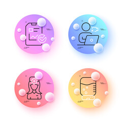 Water cooler, Video conference and Oculist doctor minimal line icons. 3d spheres or balls buttons. Report checklist icons. For web, application, printing. Vector