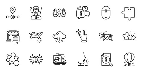 Outline set of Laureate, Support consultant and Scroll down line icons for web application. Talk, information, delivery truck outline icon. Include Search, Station, Wash hands icons. Vector
