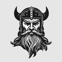 Viking's face in a helmet with horns. Scandinavian warrior logo design. Vector illustration