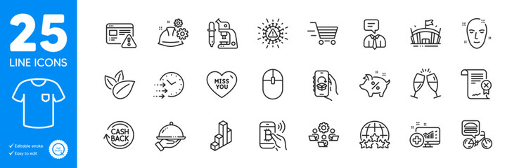 Outline icons set. Microscope, Delivery app and Delivery shopping icons. Health skin, Coronavirus, Miss you web elements. Computer mouse, Cashback, Reject certificate signs. Teamwork. Vector