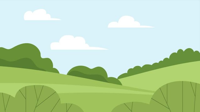 Summer landscape of nature. Panorama with green forests, fields and blue sky with clouds. Rural scener. Cartoon animation. Video motion