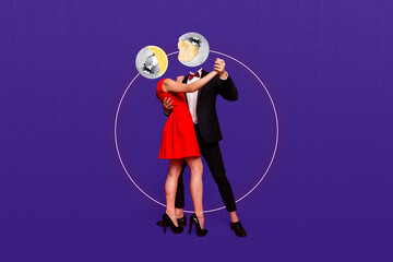 Creative photo 3d collage artwork poster postcard of two weird person dancing together celebrate event isolated on painting background