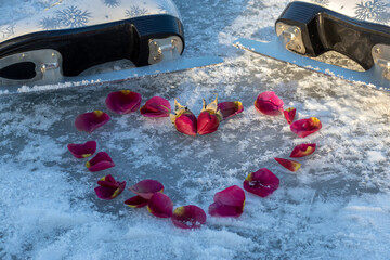 Rose petals are laid out in form of valentine on ice. Against background of figured female skates.