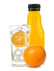 orange fruit and orange juice in bottle white glass and ice isolated on white background