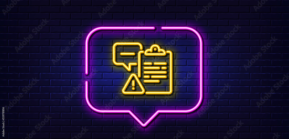 Poster neon light speech bubble. clipboard document line icon. attention task sign. survey caution symbol. 