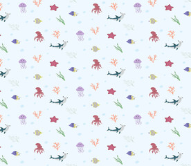 Underwater life cute pattern on blue background