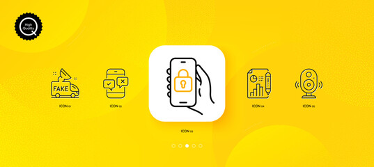 Fototapeta na wymiar Locked app, Report document and Phone survey minimal line icons. Yellow abstract background. Speaker, Fake news icons. For web, application, printing. Vector