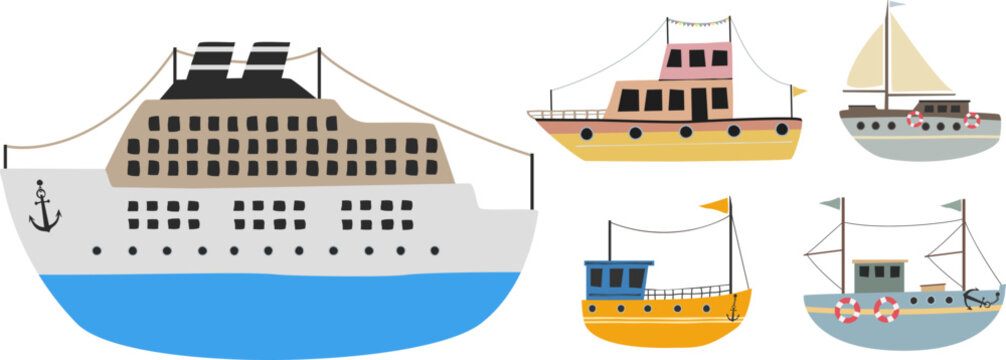 collection of scandinavian style drawings of ships and boats isolated on white background, vector illustration