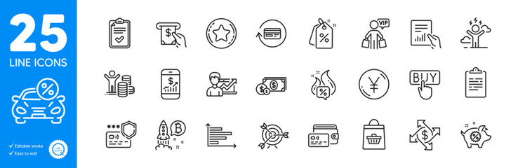 Outline icons set. Buying, Hot offer and Checklist icons. Payment exchange, Clipboard, Budget profit web elements. Horizontal chart, Dollar money, Document signs. Online buying. Vector