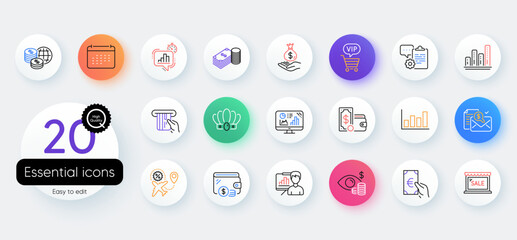 Simple set of Business vision, Accounting report and Calendar line icons. Include Analytics graph, Wallet money, Savings icons. Credit card, Presentation board, Clipboard web elements. Vector