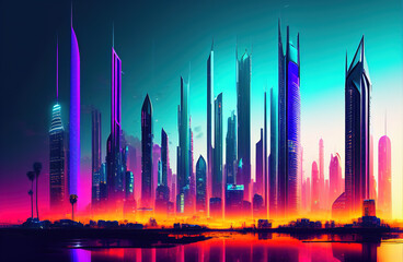 Fototapeta premium Future smart city landscape concept. Skyscrapers in abstract panoramic bright night futuristic metropolis. Generative AI
