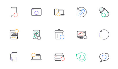Recovery line icons. Backup, Restore data and recover file. Laptop renew, drive repair and phone recovery icons. Linear set. Bicolor outline web elements. Vector