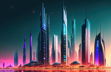 Fototapeta premium Future smart city landscape concept. Skyscrapers in abstract panoramic bright night futuristic metropolis. Generative AI