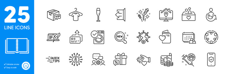 Outline icons set. Book, Video conference and Delivery icons. Phone protection, Volunteer, Sign out web elements. Dog vaccination, Education, Card signs. T-shirt, Treasure map, Donation. Vector