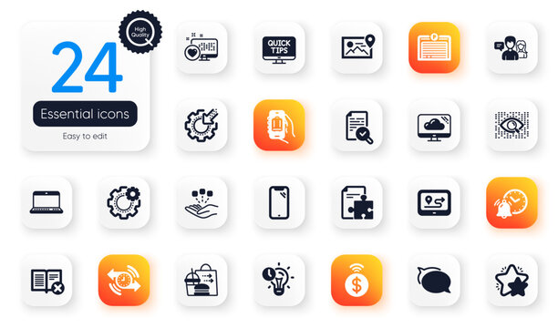 Set of Technology flat icons. Reject book, Food delivery and Smartphone elements for web application. Time management, Strategy, Baggage app icons. Contactless payment, Parking garage. Vector