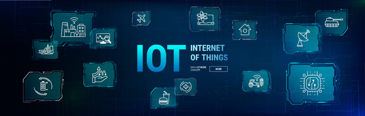 IOT Internet of Things. Concept banner with icons. IOT technology elements on futuristic background. All concepts of connecting to the network, anywhere, anytime, in any business with the Internet.