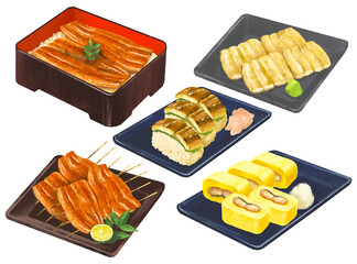 鰻料理のセット　鰻重　蒲焼　白焼き　う巻き　棒寿司